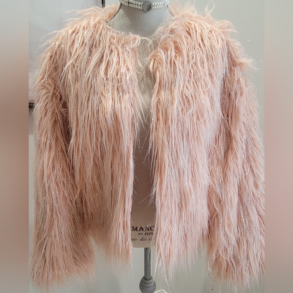 Forever 21 Faux Fur Coat with Metallic Silver Tinsle NWT